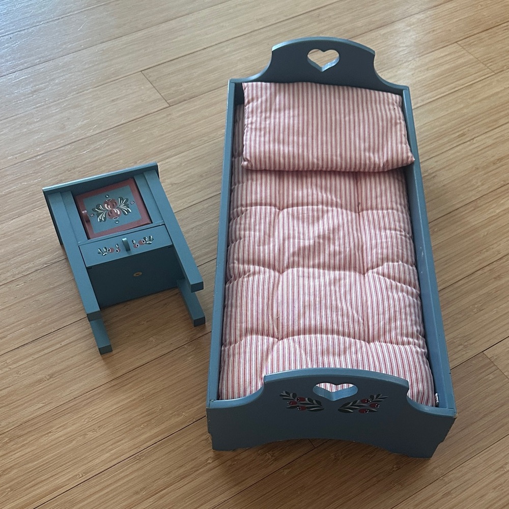 Charming Doll Bed and Nightstand Set - Blue and Pink